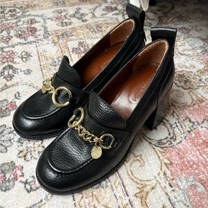 See By Chloe Black Leather Block Heel Loafers with Gold Chain